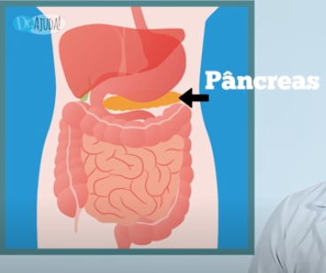 O pâncreas está localizado atrás do estômago e dos intestinos.