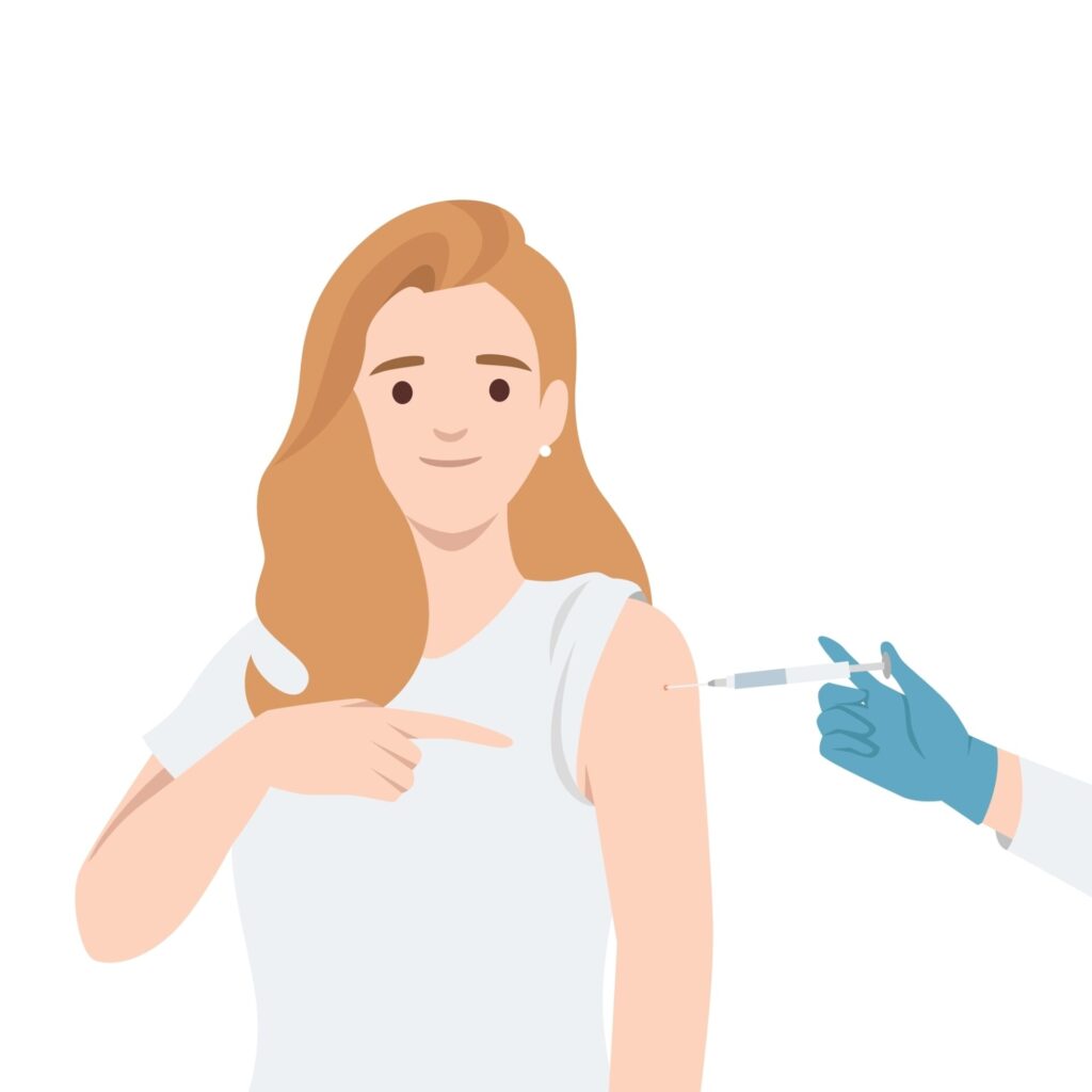 Woman,Receiving,A,Vaccine,Injection,And,Pointing,At,Her,Arm.