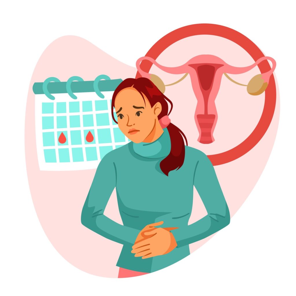 Sad,Woman,Holding,Stomach,In,Pain,,Uterus,Diagram,And,Calendar