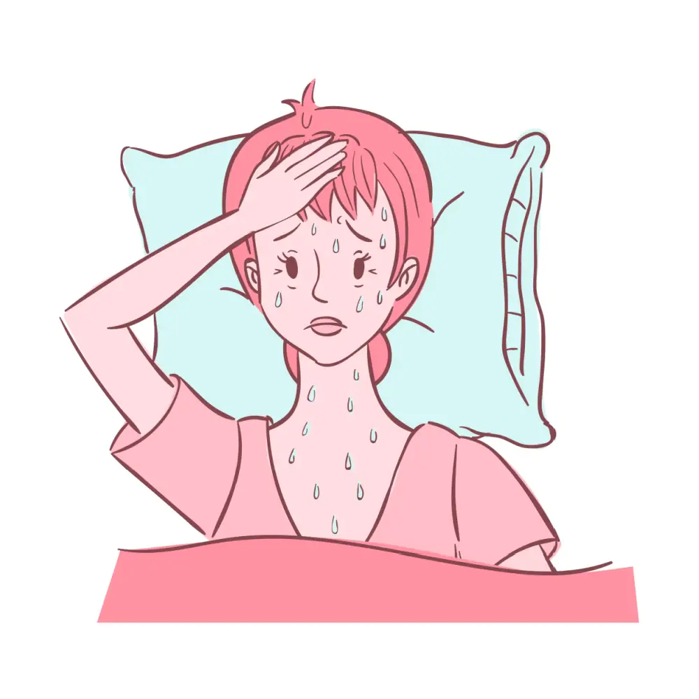 Ilustração de uma mulher suando a noite deitada na cama