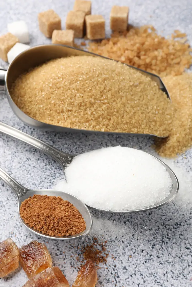 Different,Types,Of,Sugar,,Scoop,And,Spoons,On,Light,Grey